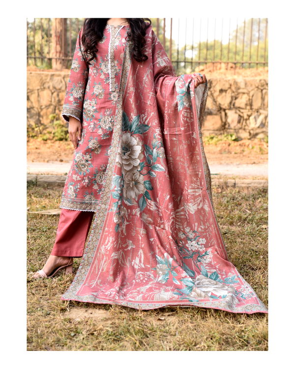 AMÈLORE Women’s 3-Piece Muted Pink Khaddar Suit – Soft Winter Embroidered Elegance