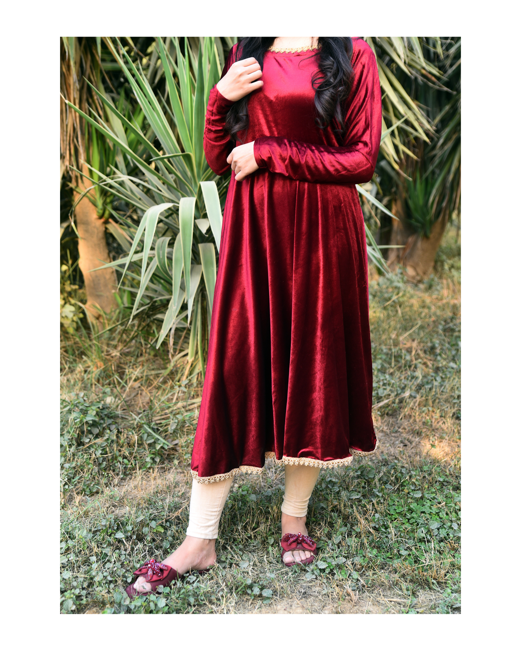 AMÈLORE Women’s Premium Velvet Frock – Deep Mehroon Winter Luxe Elegance