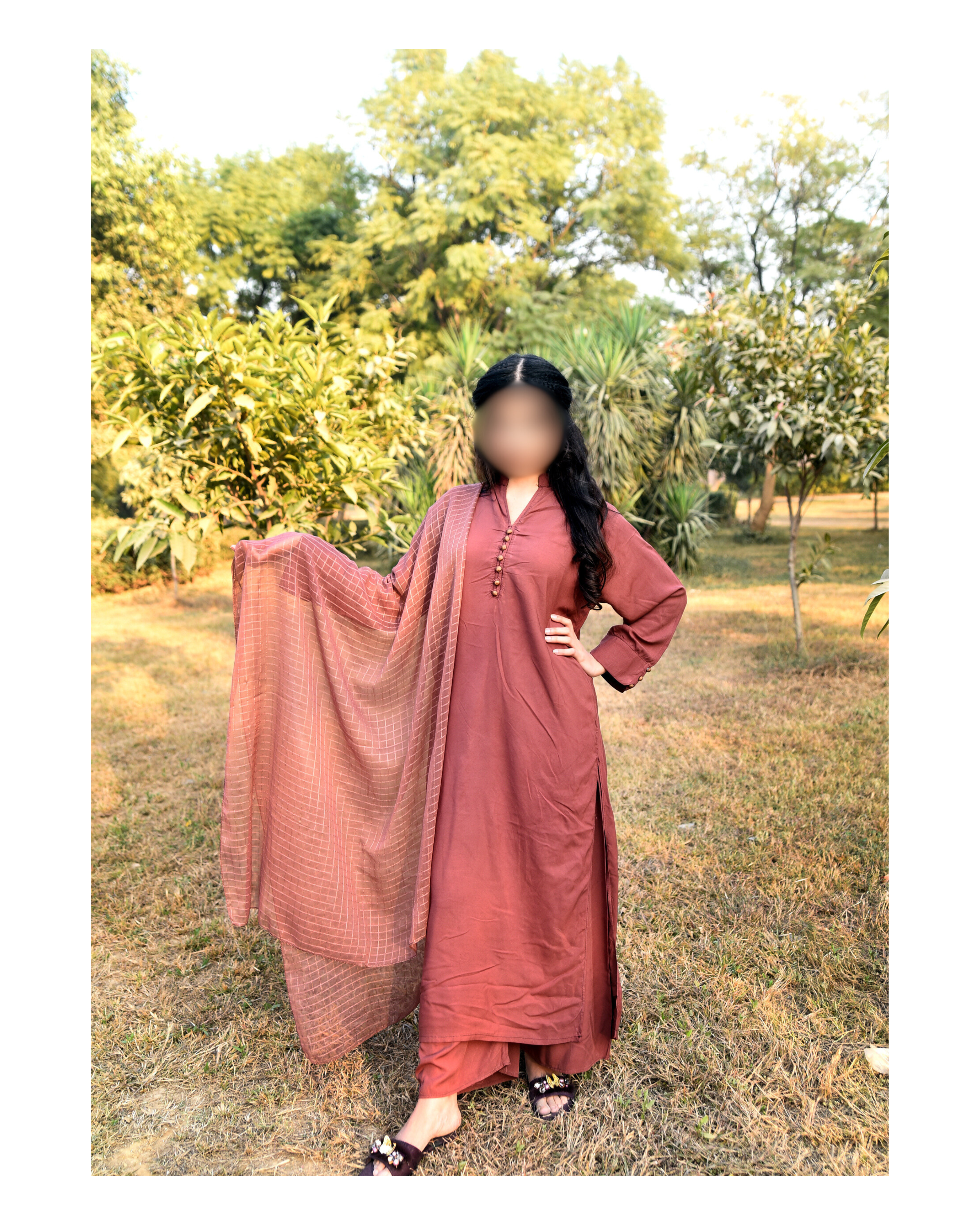 AMÈLORE Women’s Dusty Rose Brown Linen Long Shirt Set – Elegant Winter Ensemble with Chiffon Dupatta