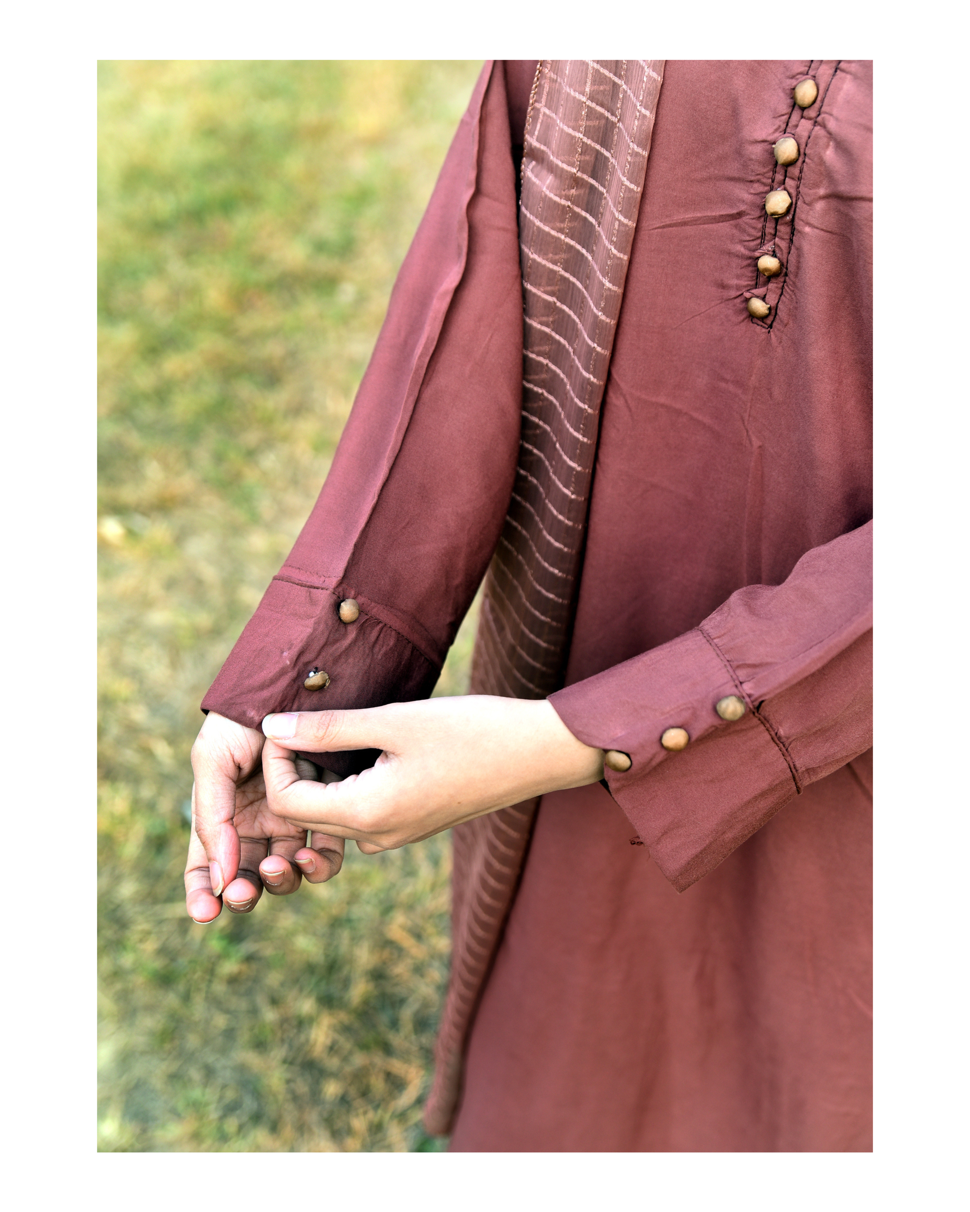 AMÈLORE Women’s Dusty Rose Brown Linen Long Shirt Set – Elegant Winter Ensemble with Chiffon Dupatta