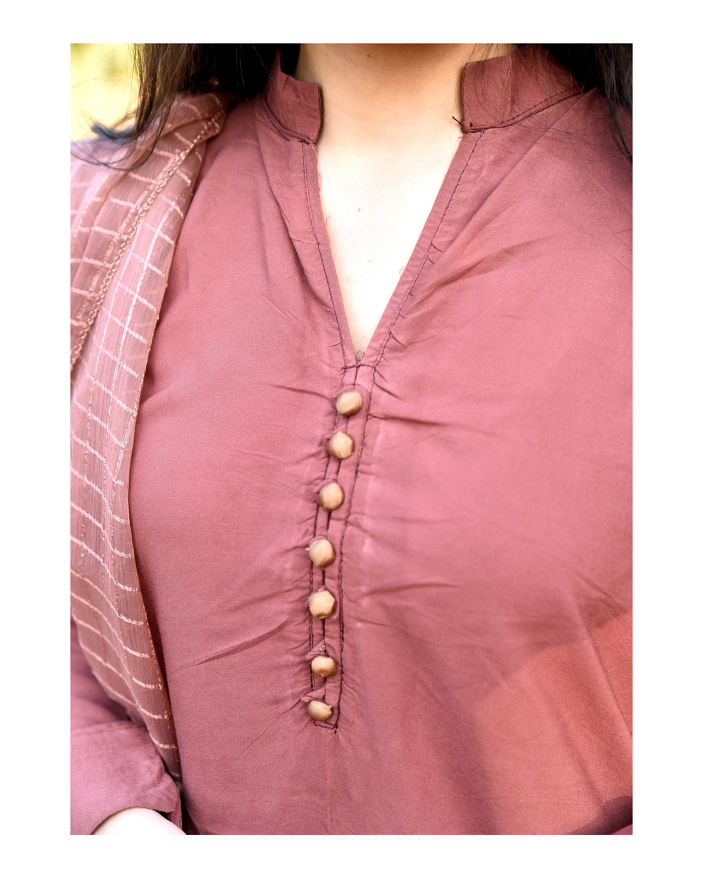 AMÈLORE Women’s Dusty Rose Brown Linen Long Shirt Set – Elegant Winter Ensemble with Chiffon Dupatta