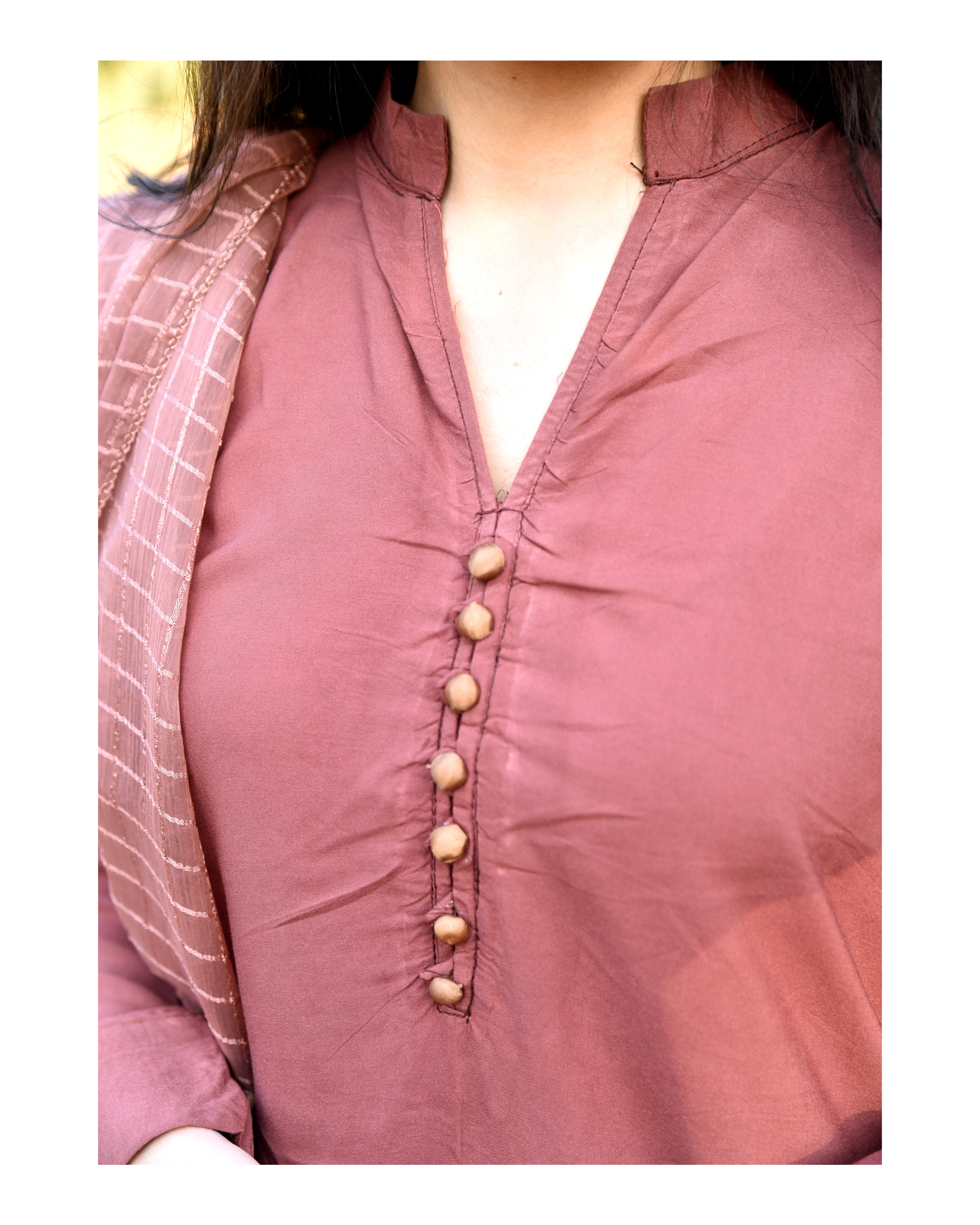 AMÈLORE Women’s Dusty Rose Brown Linen Long Shirt Set – Elegant Winter Ensemble with Chiffon Dupatta