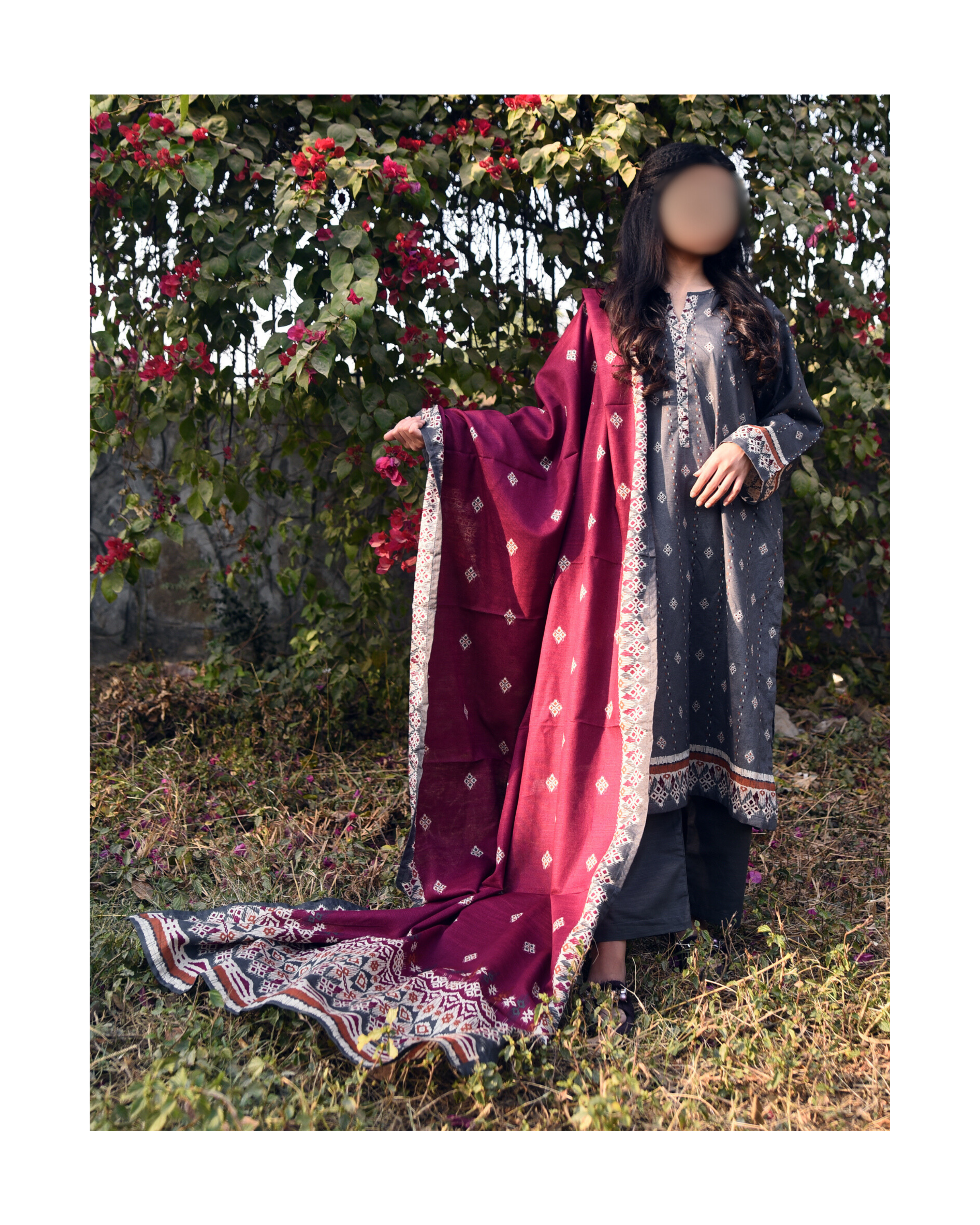 AMÈLORE Women’s 3-Piece Grey Khaddar Suit – Elegant Winter Embroidered Set