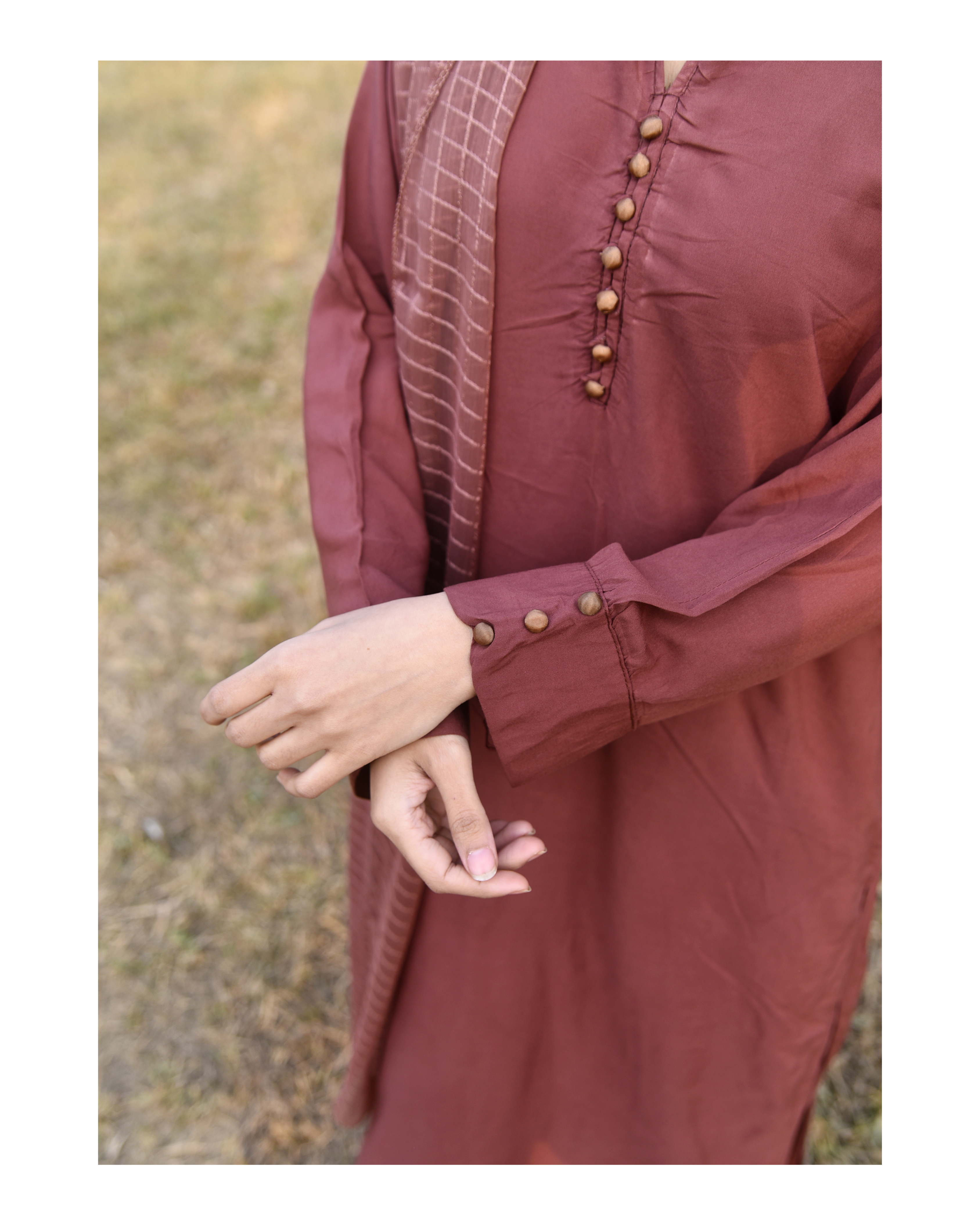 AMÈLORE Women’s Dusty Rose Brown Linen Long Shirt Set – Elegant Winter Ensemble with Chiffon Dupatta